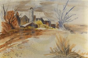 watercolor barn painting; farmhouse wall art; rustic landscape art; autumn barn scene; farmhouse style artwork; rustic watercolor; countryside wall decor; barn and tree painting; fall country scene