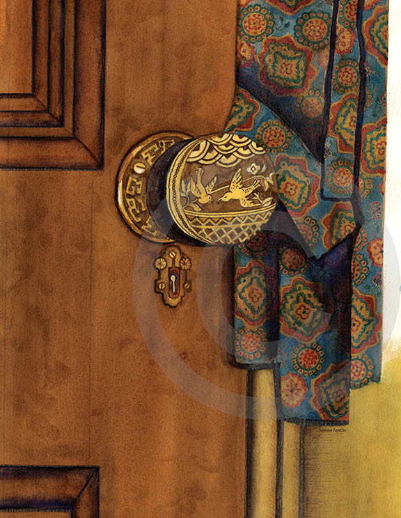 watercolor painting; art print; vintage door; paisley robe; ornate door knob; home decor art; vintage home decor