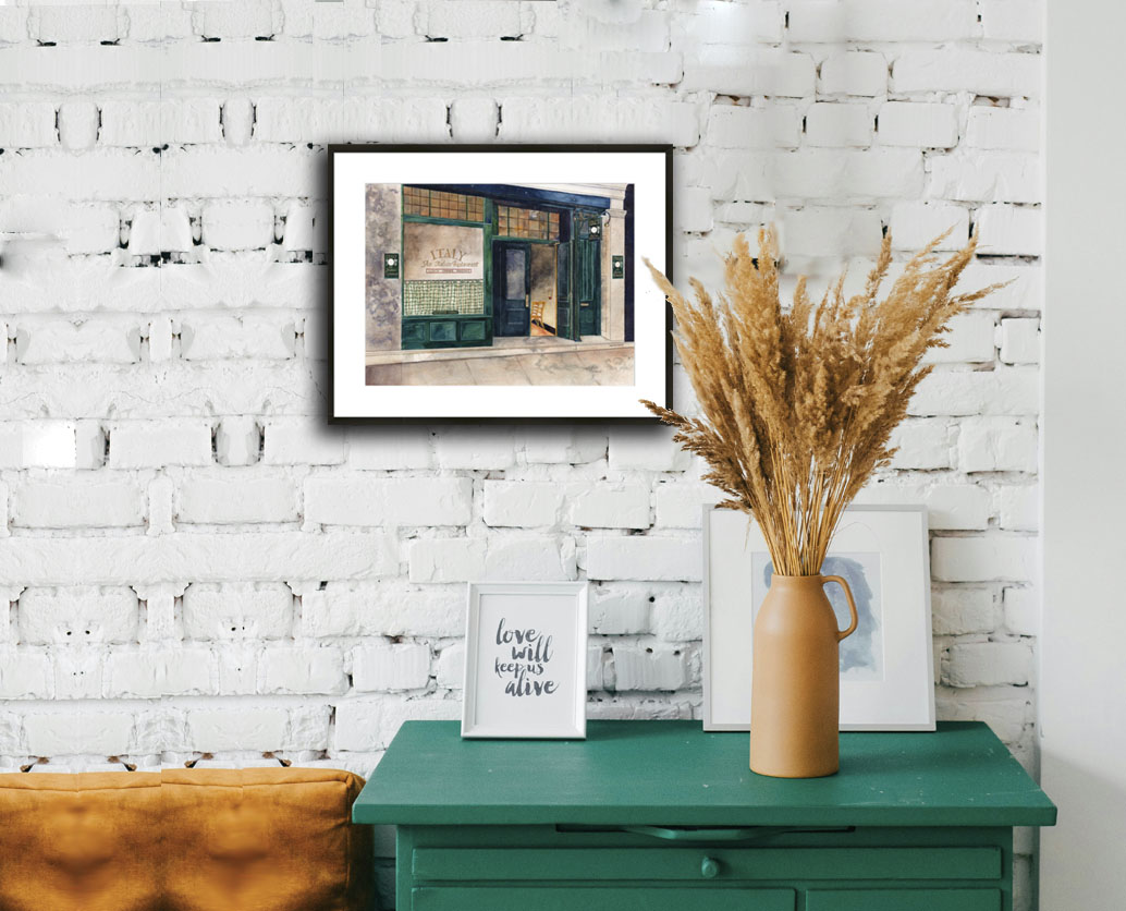 vintage italian cafe image with white matt framed on brick wall