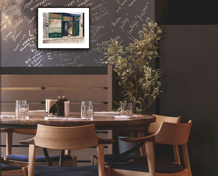 vintage italian cafe image with white frame in restaurant