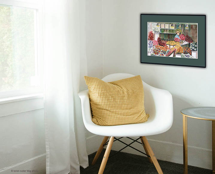 16 x 22 flower shop reading nook with green mat framed