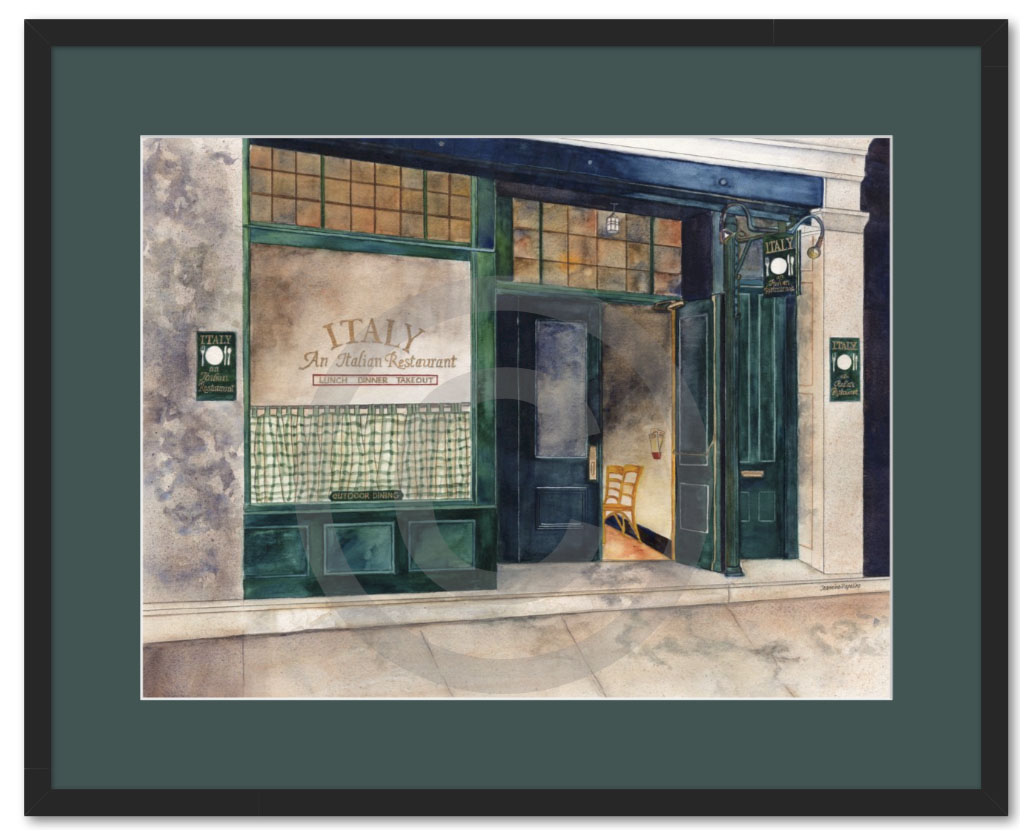 Vintage Italian cafe in Copperstown, NY, watercolor painting
