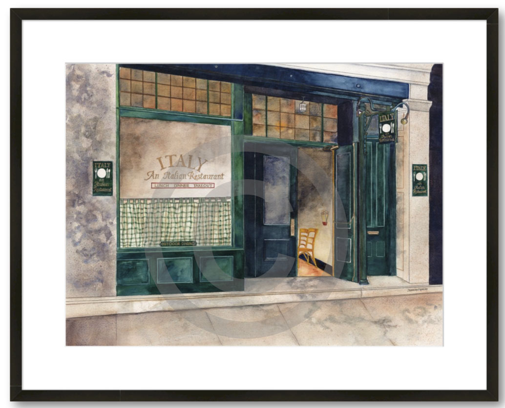 Vintage Italian cafe in Copperstown, NY, watercolor painting