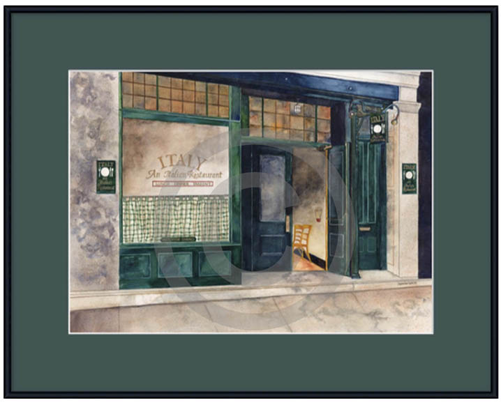 24 x 19 Vintage Italian Cafe image with green mat framed