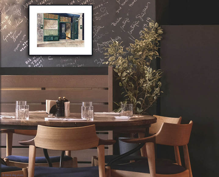 24 x 19 vintage italian cafe image with white frame in restaurant
