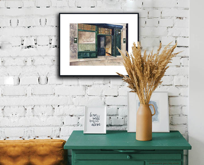 24 x 19 vintage italian cafe image with white mat framed on brick wall
