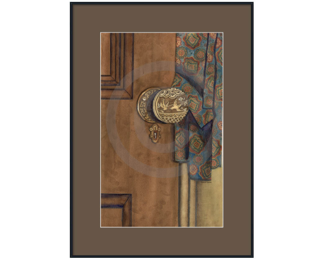 25 x 35 Vintage Door with Paisley Robe With Brown Mat Framed