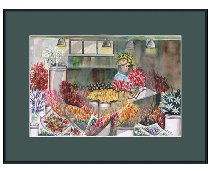 28" x 21" San Francisco's Flower Shop With Green Mat Framed