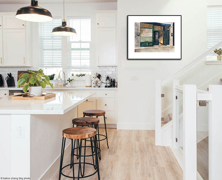 32 x 26 vintage italian cafe image with white mat and frame on kitchen wall