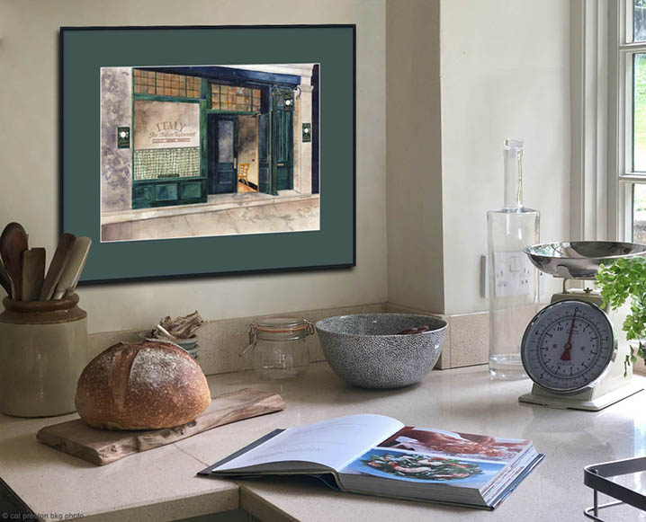 32 x 26 vintage italian cafe image with green mat and frame in pantry
