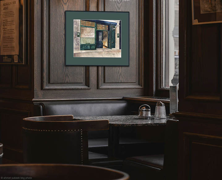 32 x 26 vintage italian cafe image with green mat and frame in restaurant
