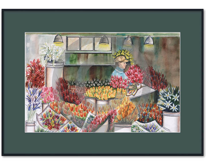 36" x 26" San Francisco's Flower Shop with Green Mat Framed