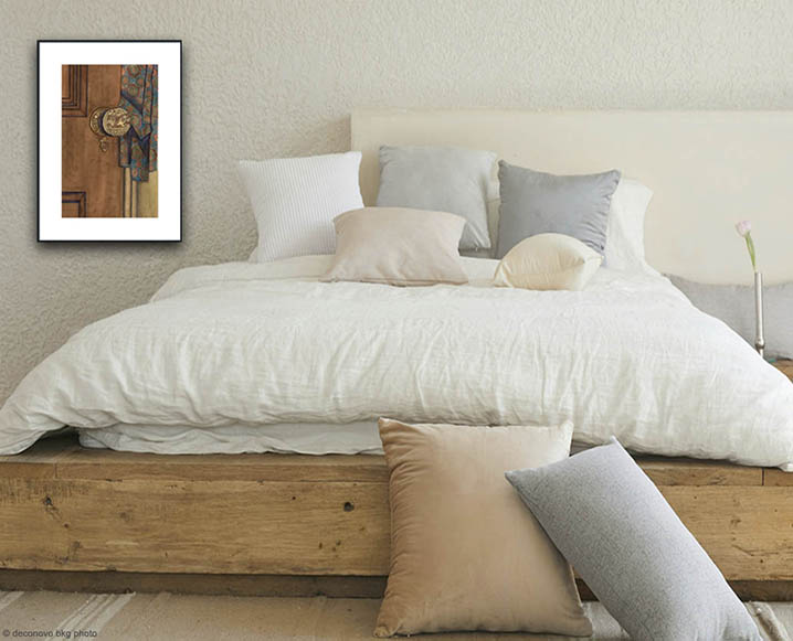 Bedroom with Vintage Door hanging on wall