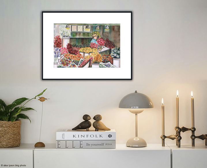 Decorative mantle with flower shop painting