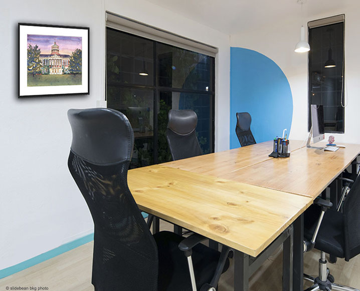 Office image with University of Rochester Rush Rhees Painting on wall in conference room