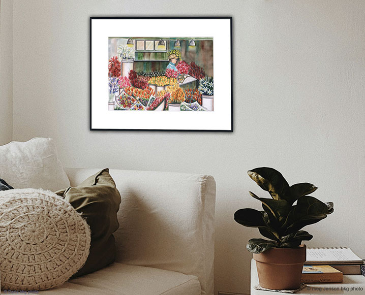Sitting area with flower shop painting