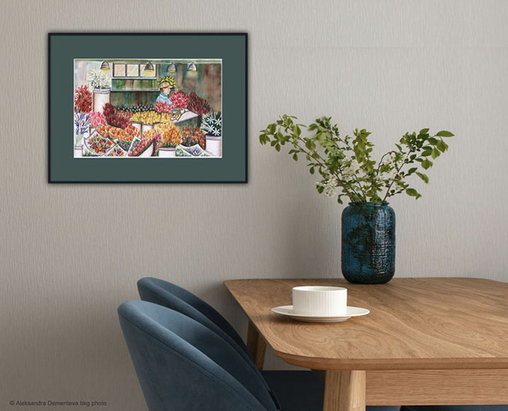 Table flower shop painting on wall