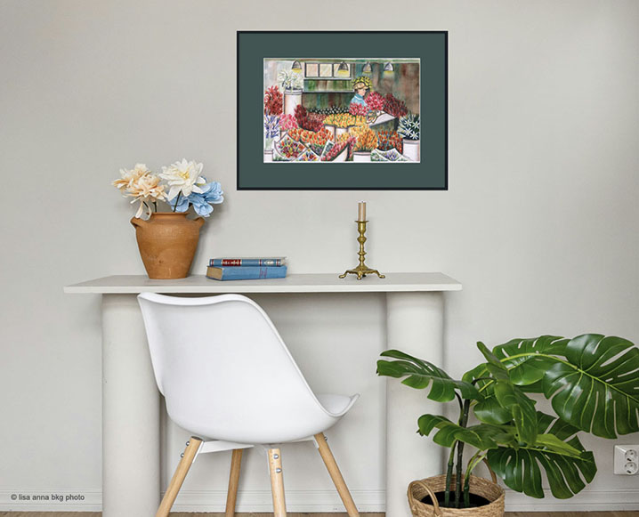 Desk with flower shop painting