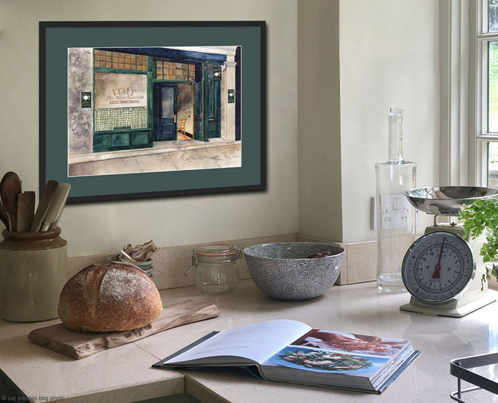 vintage italian cafe image with green matt and frame