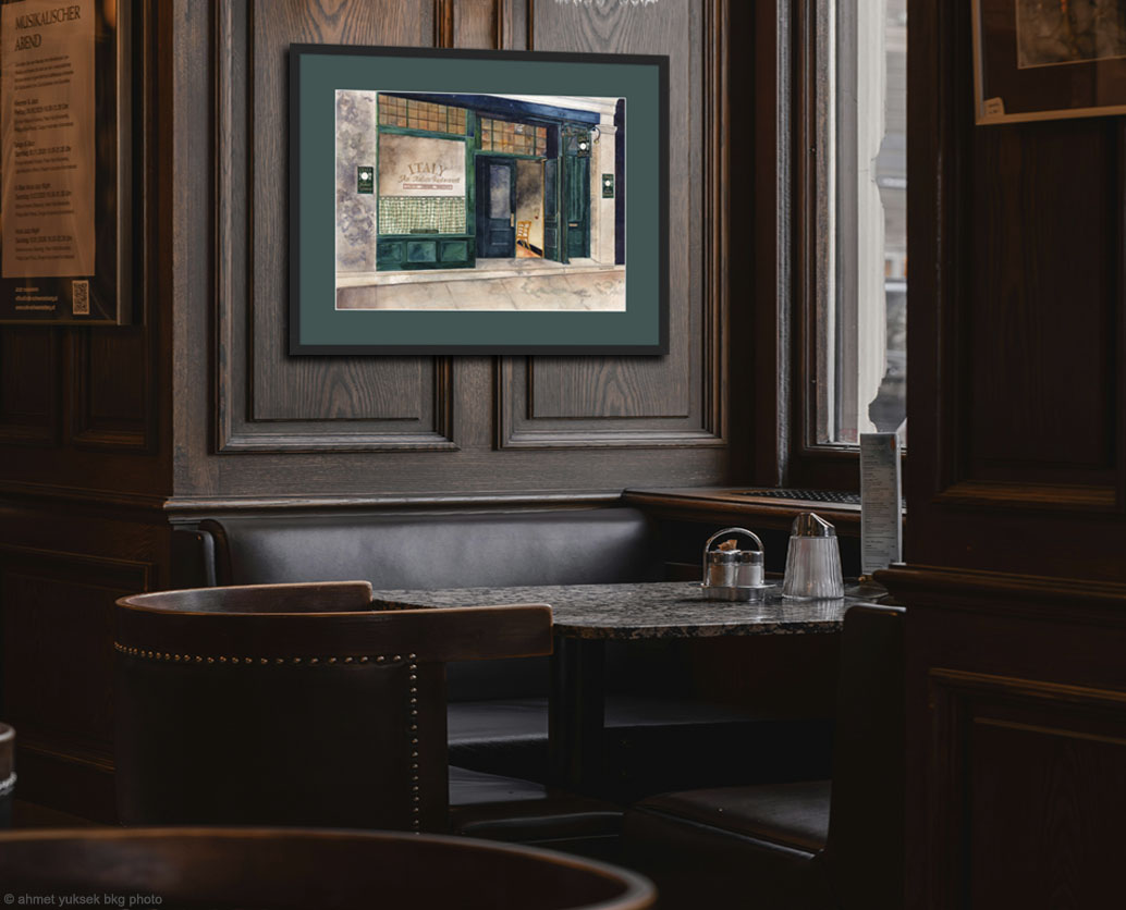 vintage italian cafe image with green matt and frame