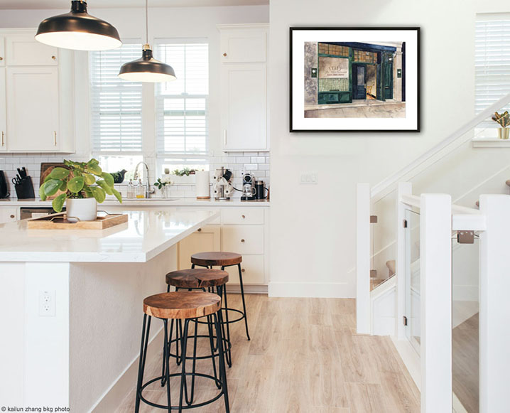 vintage italian cafe image with white matt and frame on kitchen wall