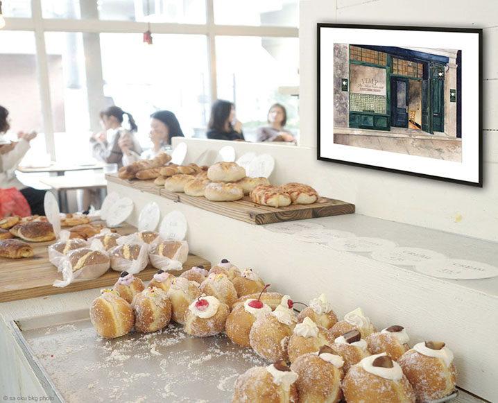 vintage italian restaurant with white frame on bakery wall