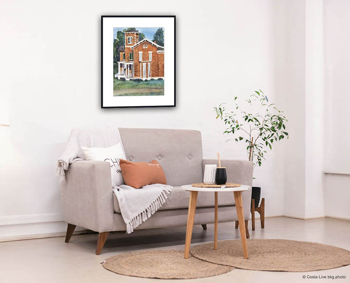 Victorian Brick House painting hanging in family room