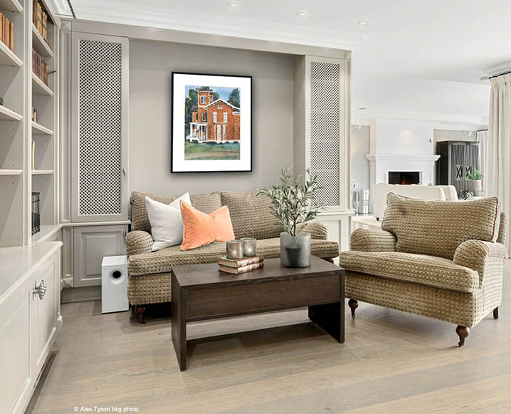 Victorian Brick House Painting hanging in living room