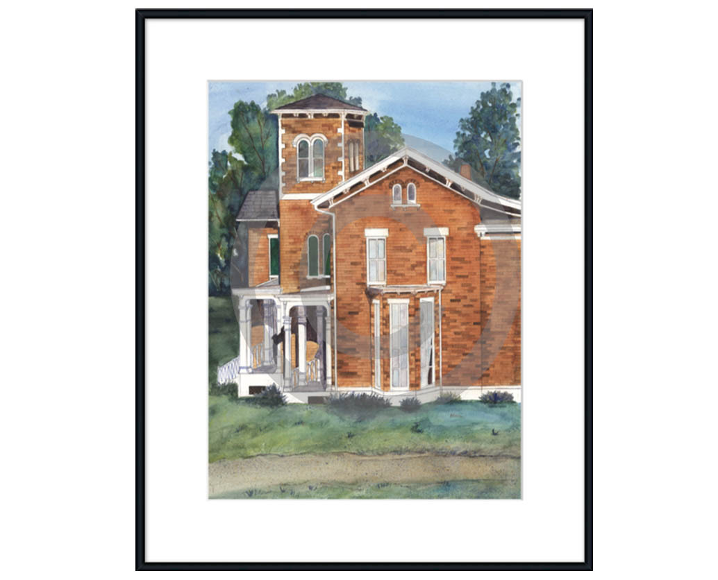 17 x 21 Victorian Brick House with White Mat Framed