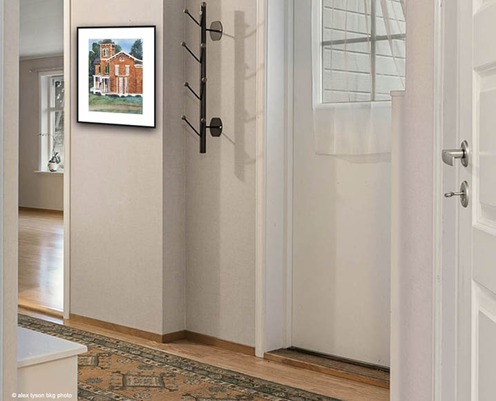 Victorian Brick House painting hanging in hallway