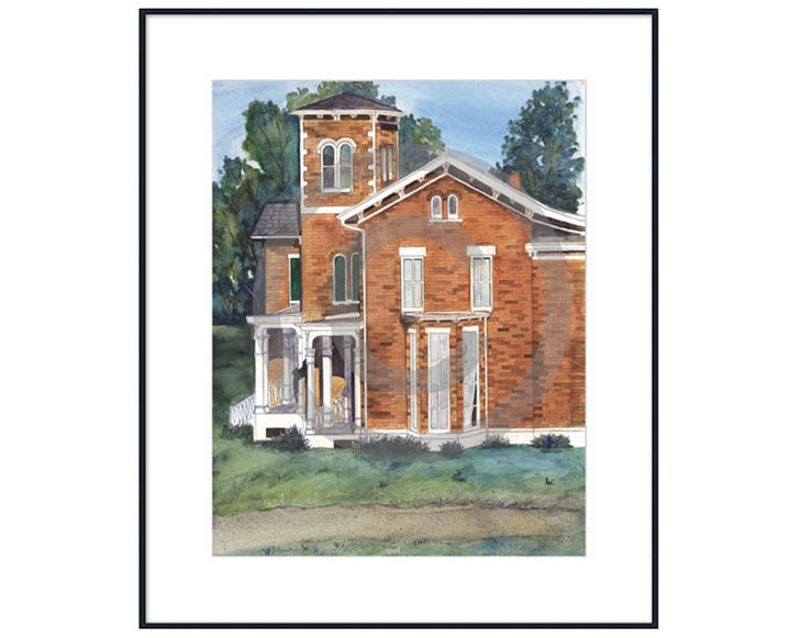 Victorian Brick House with White Mat Framed