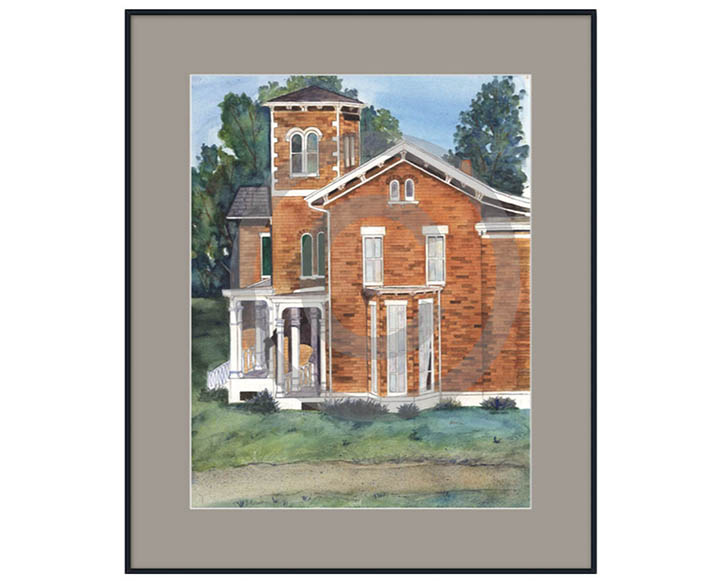 30 x 36 Victorian Brick House with Gray Mat Framed