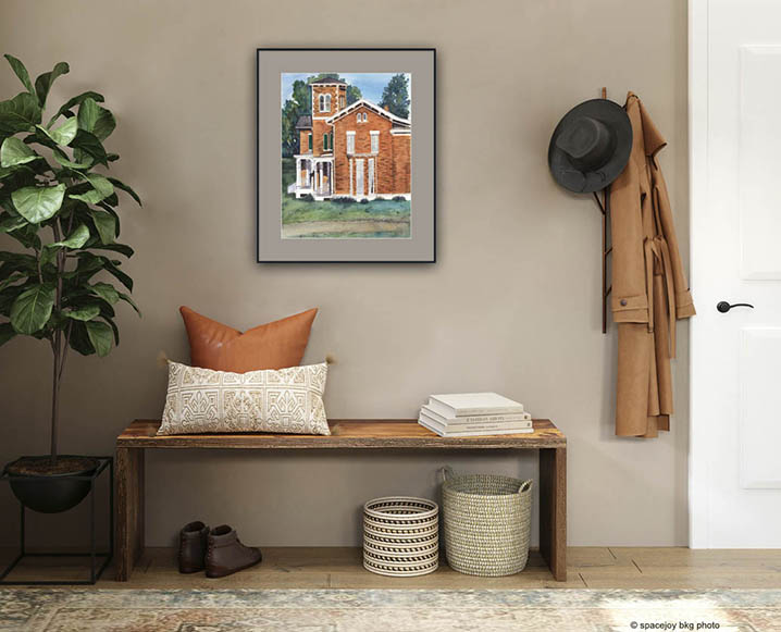 30x36 Entrance Hall with Victorian Brick House painting hanging on wall