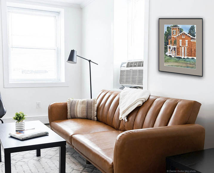 30x36 Living Room with Victorian Brick House painting on wall