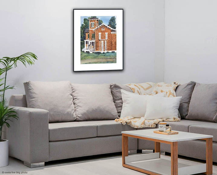 Living room with Victorian Brick House with White Mat Framed