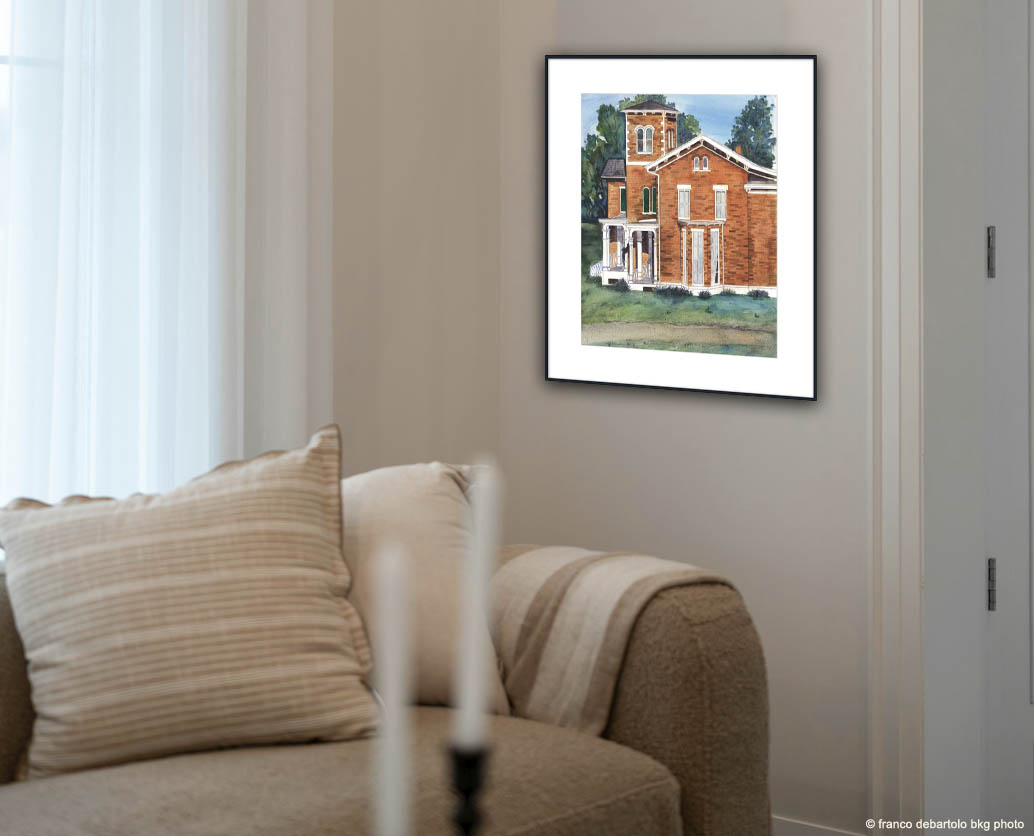 Living Room with Victorian Brick House with White Mat Framed