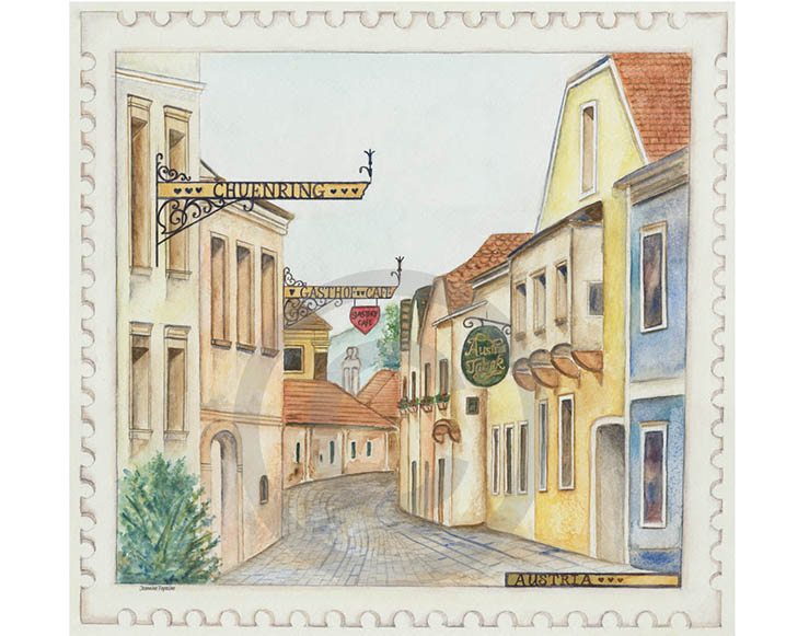 24 x 23 Chuening, Austria Village Street Watercolor Print
