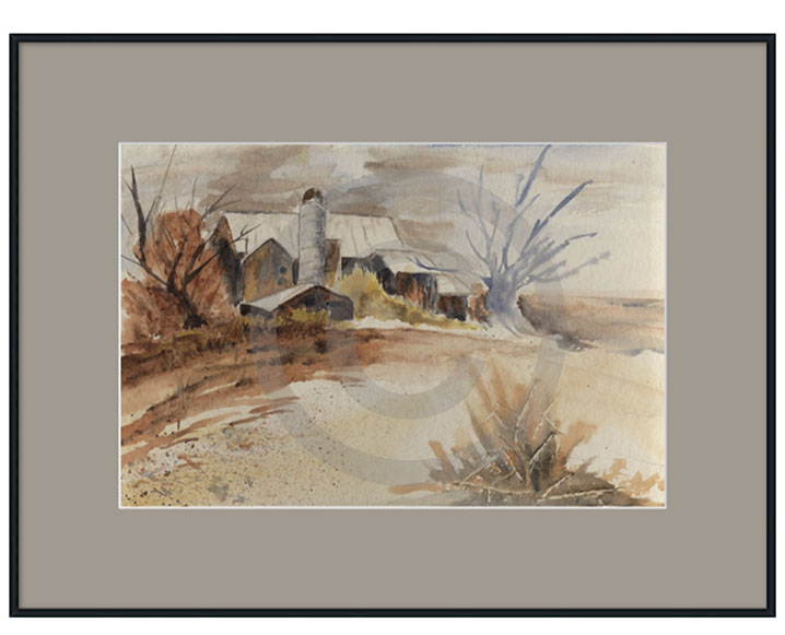 29 x 22 Rustic Barn Painting with Gray Mat Framed