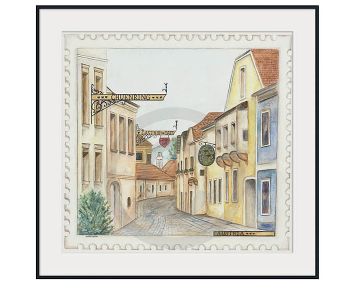 29" x 28" Chuenring, Austria Village Street with White Mat Framed