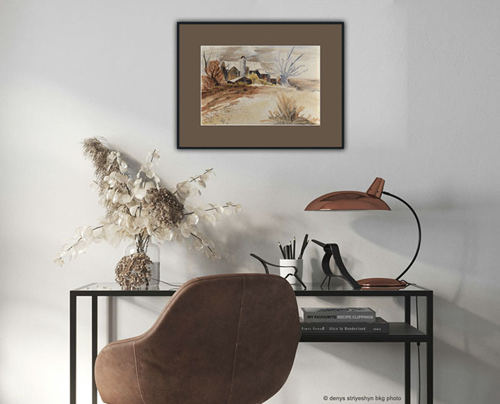 desk nook rustic barn painting brown mat framed